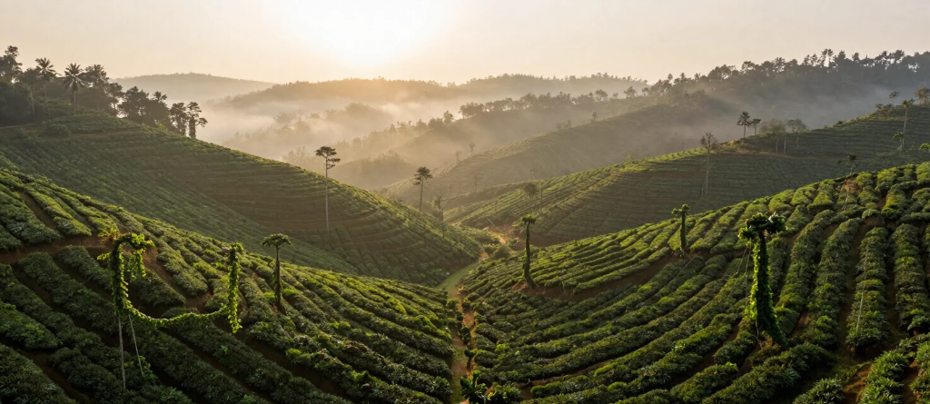 Spice plantation terraces in Kerala at golden hour